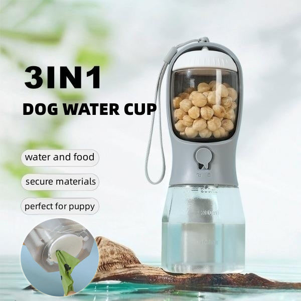 3-in-1 Hundetrinkflasche – Wasserflasche, Futterspender & Kotbeutelhalter in einem